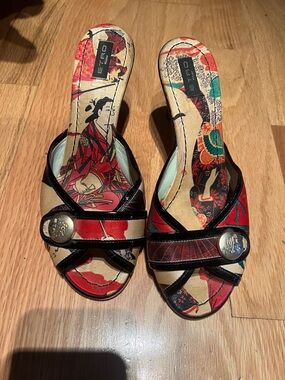 Etro Red Multicolor Slide Mules with Black Trim